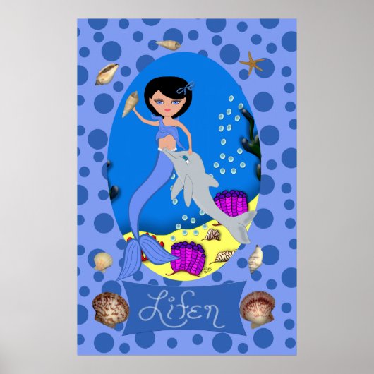 Blauwe Zeemeermin en Dolphin afdrukken Poster (Voorkant)