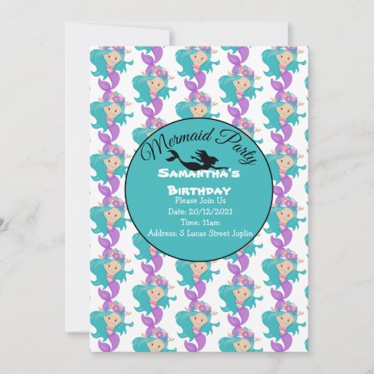 Blauwe Zeemeermin Feest Roze Uitnodiging (Voorkant)