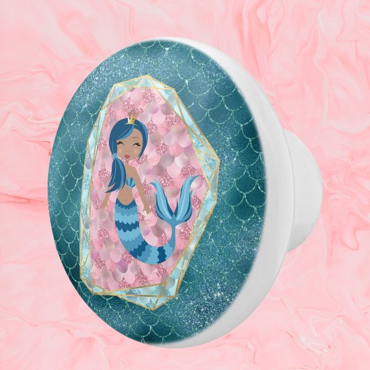 Blauwe Zeemeermin in een Roze Shell Keramische Knop