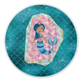 Blauwe Zeemeermin in een Roze Shell Keramische Knop (Voorkant)