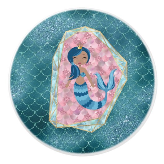 Blauwe Zeemeermin in een Roze Shell Keramische Knop (Voorkant)