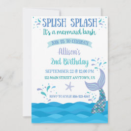 Blauwe Zeemeermin Splash Bash Verjaardagsuitnodigi Kaart