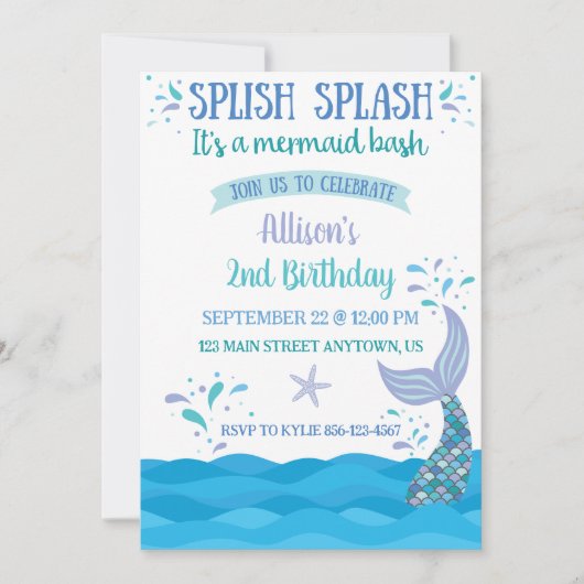 Blauwe Zeemeermin Splash Bash Verjaardagsuitnodigi Kaart (Voorkant)