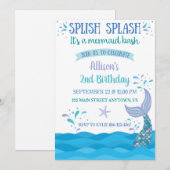 Blauwe Zeemeermin Splash Bash Verjaardagsuitnodigi Kaart (Voorkant / Achterkant)