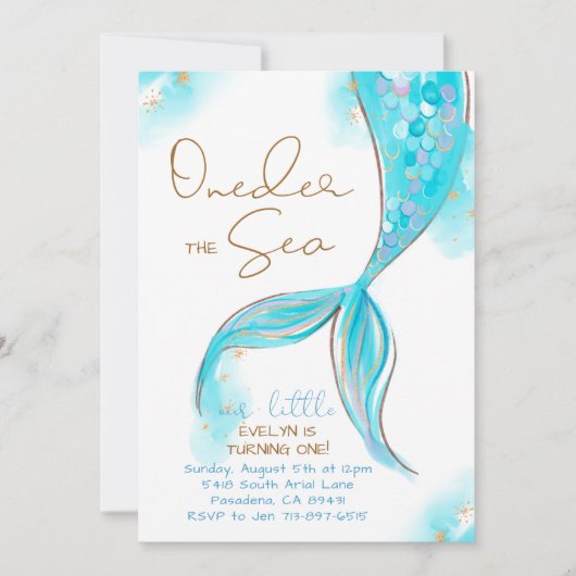 Blauwe Zeemeermin Staart 1e Verjaardag ONEder Het  Kaart (Voorkant)