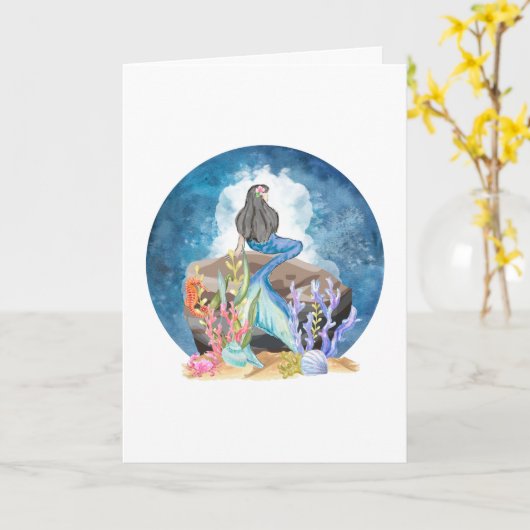 Blauwe Zeemeermin Waterverf Wenskaart Kaart (Gele Bloem)