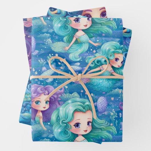 Blauwe zeemeerminnen inpakpapier vel (In situ)