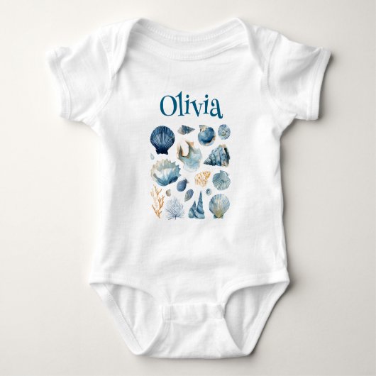Blauwe Zeeschelp Baby Bodysuit | Aangepaste Naam (Voorkant)
