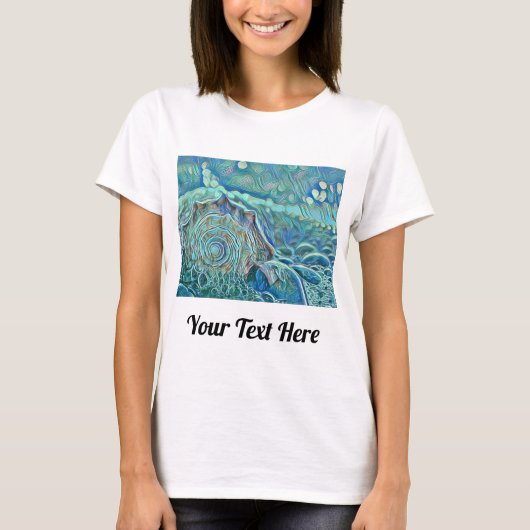 Blauwe zeeschelp in het schuimende zee schilderij t-shirt (Voorkant)