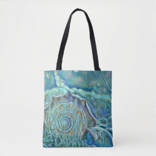 Blauwe zeeschelp in het schuimende zee schilderij tote bag
