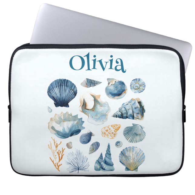 Blauwe Zeeschelp Laptophoes | Aangepaste naam Laptop Sleeve (Voorkant)