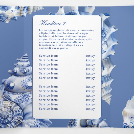 Blauwe Zeeschelp Logo Trifold Brochure Drieluik Kaart (Binnenkant midden)