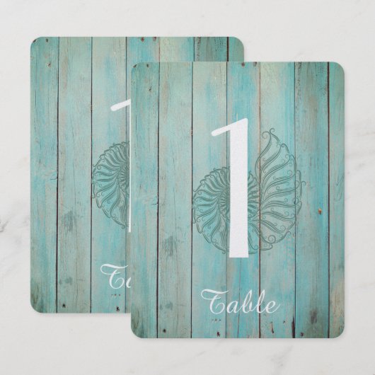 Blauwe Zeeschelp op Houten Strand Bruidstaal Tafel Kaart (Voorkant / Achterkant)