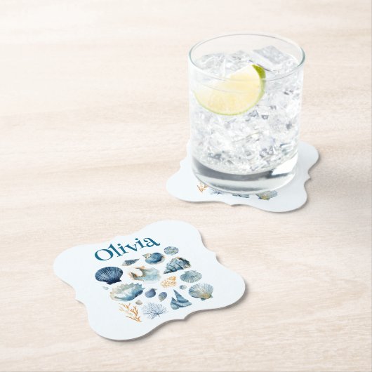 Blauwe Zeeschelp Papier Coaster – Eigen Naam Kartonnen Onderzetters (Insitu)