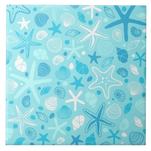 Blauwe Zeeschelp & Ster Badkamer Kunst Tegeltje (Voorkant)