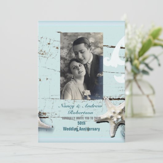 blauwe zeeschelp strand 50ste huwelijksjubileum kaart (Staand voorkant)