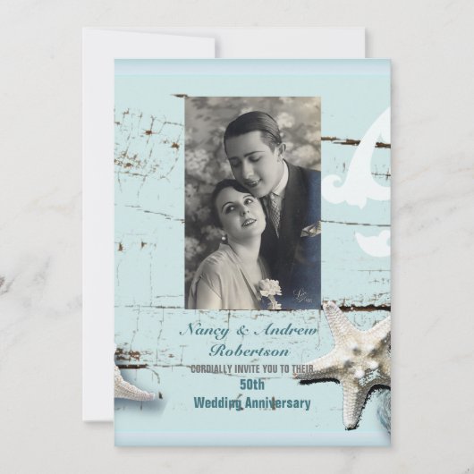 blauwe zeeschelp strand 50ste huwelijksverjaardag kaart (Voorkant)
