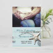 blauwe zeeschelp strand Foto Zwangerschap Aankondi Aankondiging (Staand voorkant)