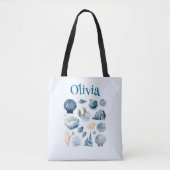 Blauwe Zeeschelp Tote Tas – Aangepaste Naam (Voorkant)