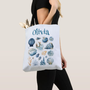 Blauwe Zeeschelp Tote Tas – Aangepaste Naam