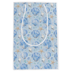 Blauwe Zeeschelp Zeester Waterverf Oceaan Patroon  Medium Cadeauzakje