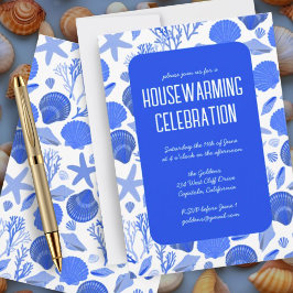 Blauwe zeeschelpen Chic Beach Housewarming Party Kaart