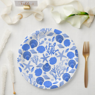 Blauwe zeeschelpen en Coral Pattern Beach Papieren Bordje