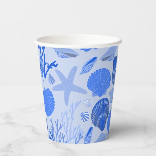 Blauwe Zeeschelpen en Koraal Patroon Custom Beach Papieren Bekers (Achterkant)