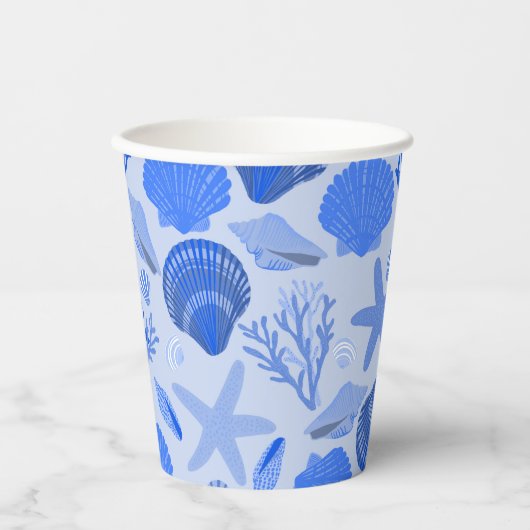 Blauwe Zeeschelpen en Koraal Patroon Custom Beach Papieren Bekers (Voorkant)