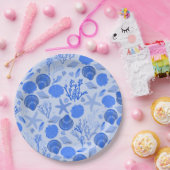 Blauwe Zeeschelpen en Koraalpatroon Strand Papieren Bordje (Feest)