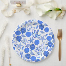 Blauwe Zeeschelpen en Koraalpatroon Strand Papieren Bordje