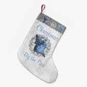 Blauwe zeeschelpen Jewel Silver Bokeh & Faux Glitt Kleine Kerstsok (Voorkant (Hangend))