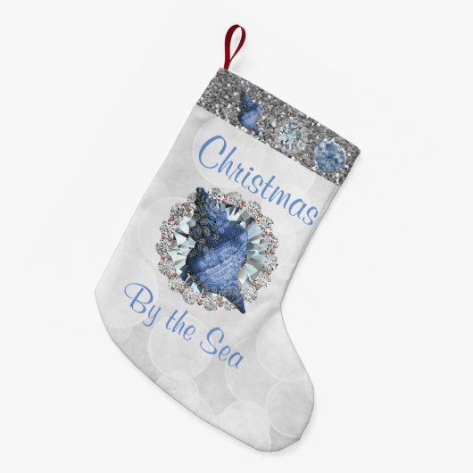 Blauwe zeeschelpen Jewel Silver Bokeh & Faux Glitt Kleine Kerstsok (Voorkant (Hangend))