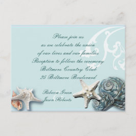 Blauwe zeeschelpen Strand bruiloft Receptie kaarte Briefkaart