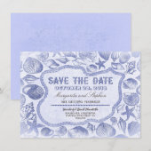 blauwe zeeschelpen strand bruiloft save the date (Voorkant / Achterkant)