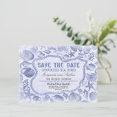 blauwe zeeschelpen strand bruiloft save the date (Staand voorkant)