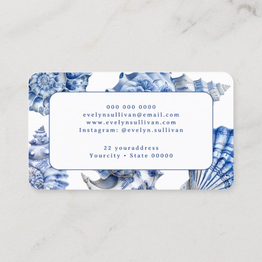 Blauwe zeeschelpen visitekaartje (Achterkant)