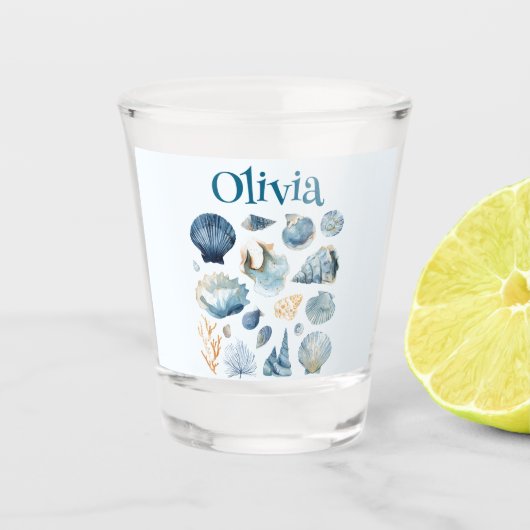 Blauwe Zeeschelpen Zomer Shotglas | Aangepaste naa Shot Glas (Voorkant)