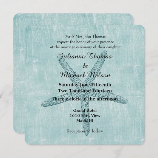 Blauwe zeester bruiloft kaart (Voorkant / Achterkant)