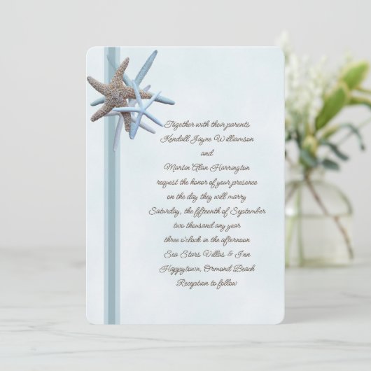 Blauwe zeester bruiloft uitnodigingen (Staand voorkant)