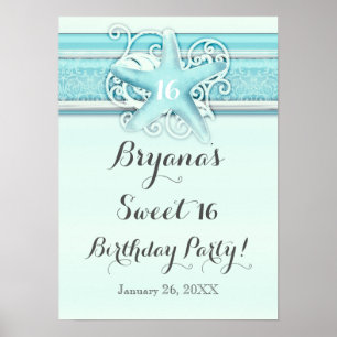 Blauwe Zeester Elegante Strand Bruiloft Feest Bann Poster