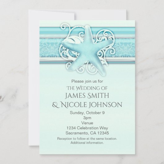 Blauwe Zeester Elegante Strand Thema Uitnodigingen (Voorkant)