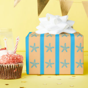 Blauwe zeester en strepen zomer naadloze verjaarda cadeaupapier