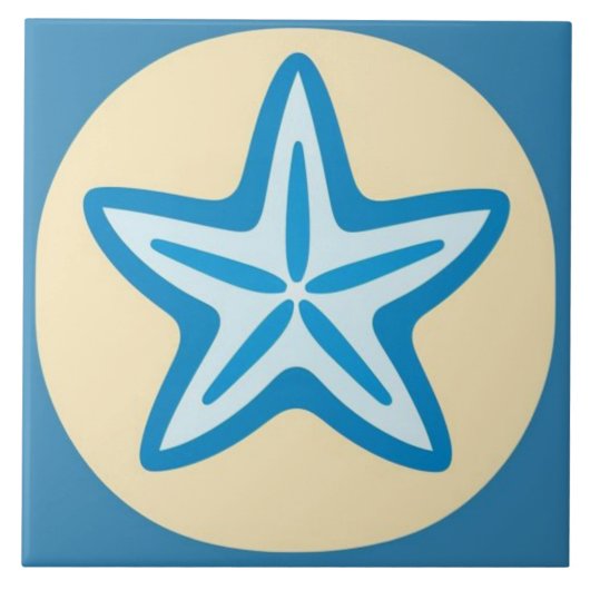 Blauwe Zeester in Gele Cirkel Tegeltje (Voorkant)