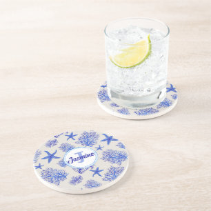 Blauwe zeester-koraal-aangepaste monogram-naam zandsteen onderzetter