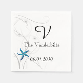 Blauwe zeester met zilveren koraal bruiloft servetten