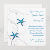 Blauwe zeester met zilveren koraal bruiloft uitnod kaart (Voorkant / Achterkant)