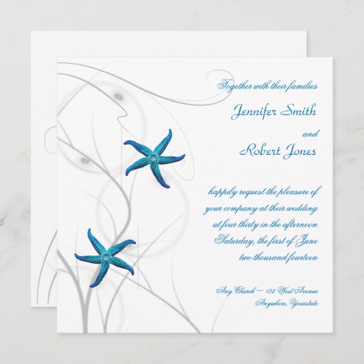 Blauwe zeester met zilveren koraal bruiloft uitnod kaart (Voorkant / Achterkant)
