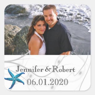 Blauwe zeester met zilveren koraal bruiloft vierkante sticker