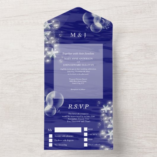 Blauwe zeester strand trouwzomervakantie all in one uitnodiging (Binnen)